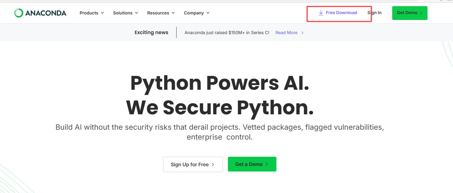 Anaconda 官网下载页面,箭头指向下载按钮